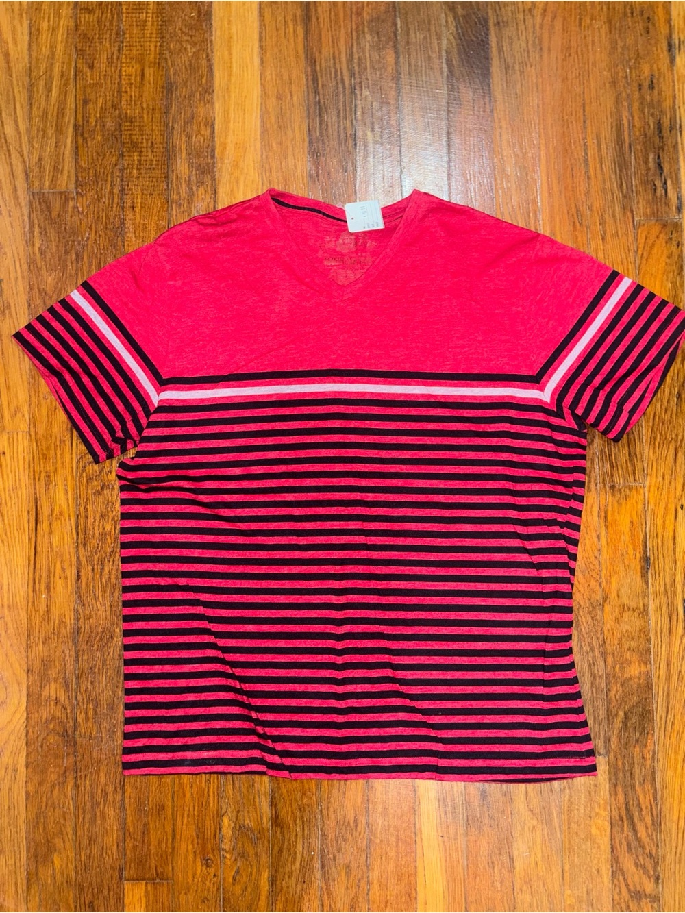 American Rag Striped V-Neck Tee in Bright Pink and Black